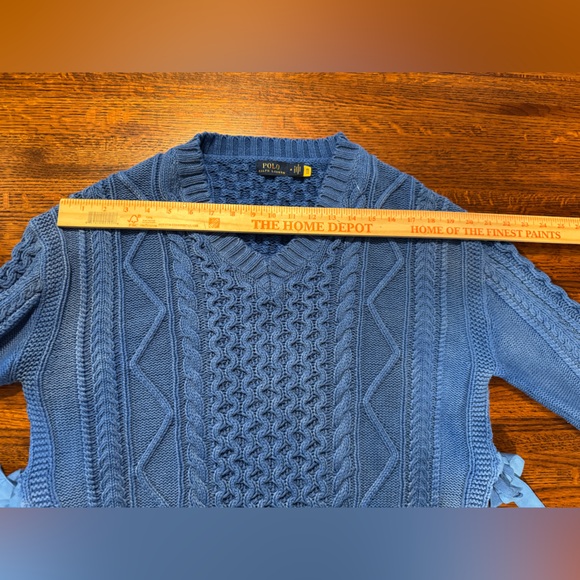 Polo Ralph Lauren Distressed M Blue Knit V Neck Sweater 100 % Cotton Cable Knit - Picture 8 of 11